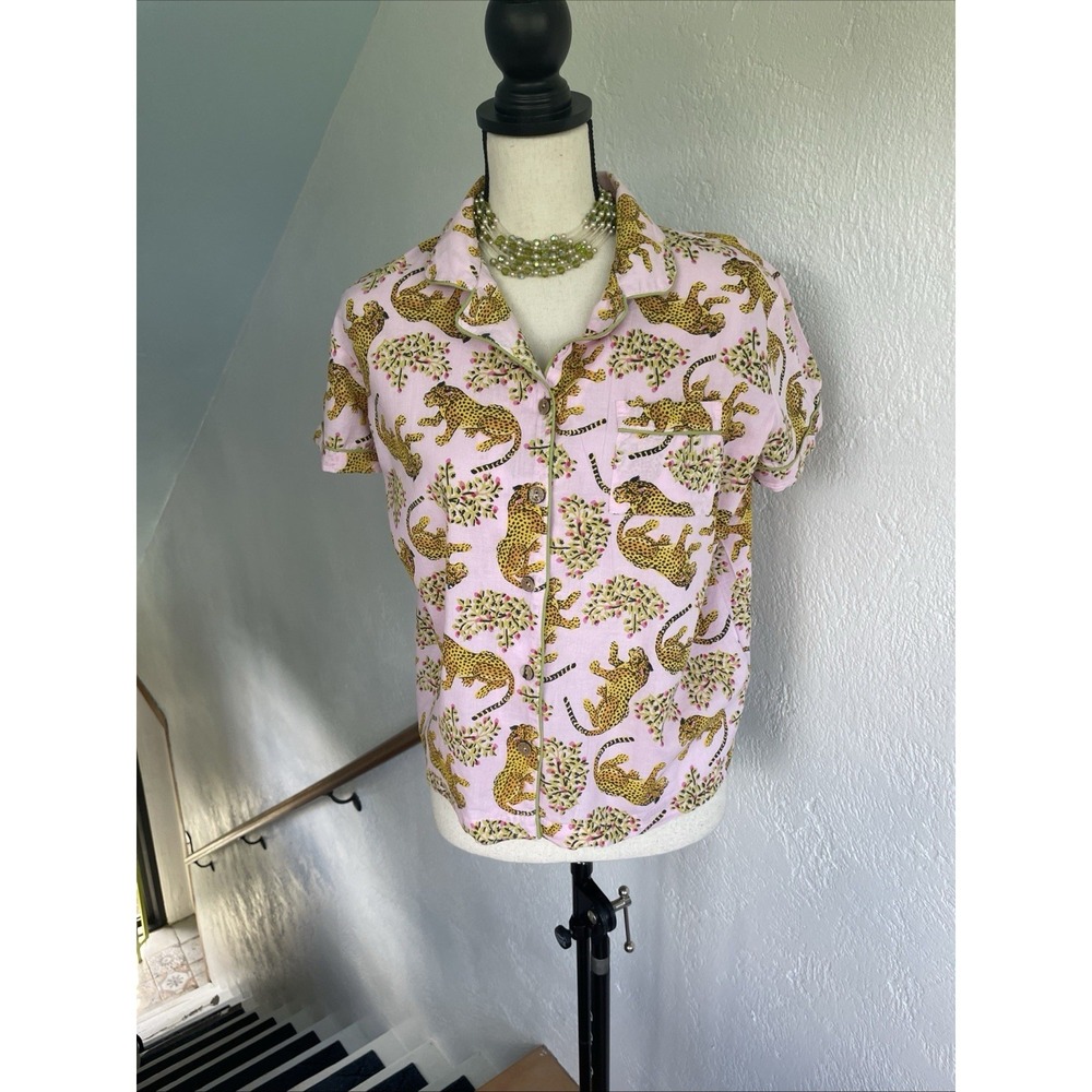 Anthropologie Haute Dreams Tiger Print Pajama Shirt 100% Organic Cotton Sz M